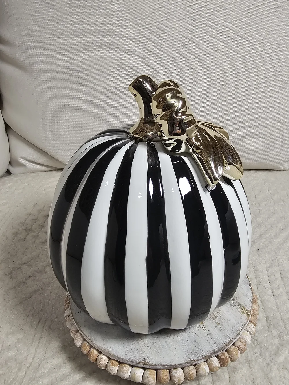 Black and White Striped Decorative Pumpkin with Gold Bow 8